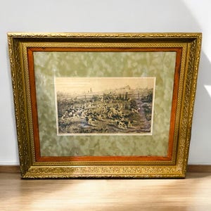 VERY Large Antique etching, English fox hunt scene, professionally framed under large ornate Antique frame w/ light green “grass” suede mat
