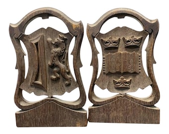 Pair Antique Carved Wood Latin Library Bookends. Beautifully hand-carved wooden bookstand featuring intricate heraldic designs