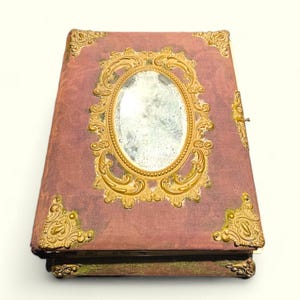 Antique Victorian Music Box Photo Album with Mirror & Ornate Brass details. Music box still works!!!