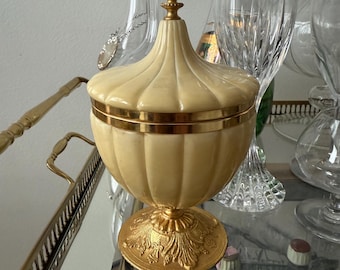 Stunning yellow-beige Vintage Alabaster ornate Pedestal Vase/Jar/Urn with hinged brass lid. In really great condition.