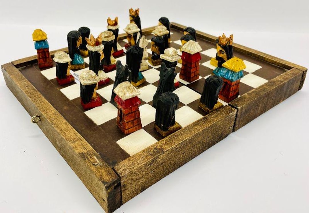 Vintage Hand-carved Wood Chess Set With Vibrant Hand Painted Pieces and ...