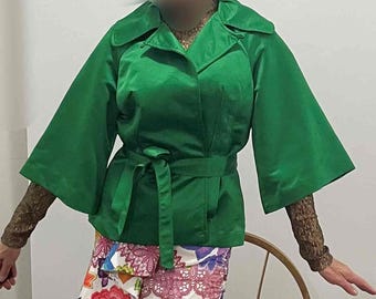 Bright Green Evening Jacket St Patricks Day Emerald Green Belted Jacket Designer 3/4 Sleeve Cropped Jacket