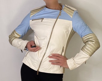 1980s Multicolor Leather Cafe Racer Moto Jacket Bike Jacket Color Block Italian Leather Jacket Holographic Gold Blue White XS