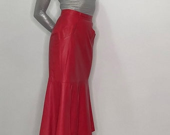 1980s Red Leather Mermaid Fishtail Skirt Trumpet Skirt 80s Leather Fashion Vintage Red Leather Midi Skirt