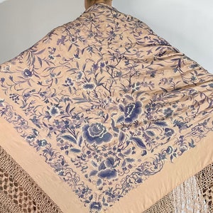 LARGE Antique Embroidered Silk Piano Shawl Blue and Pink Fringed Silk Shawl Throw Wrap Evening Wear Piano Cover Table Cover