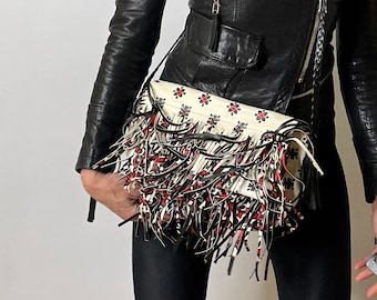 Bolso bandolera vintage con flecos de RED Valentino, de piel vegana y estampado, de diseñador.