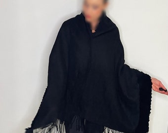 1990s Rabbit Fur Cashmere and Wool Shawl Wrap Winter Black Fur Shawl Fringed Wrap