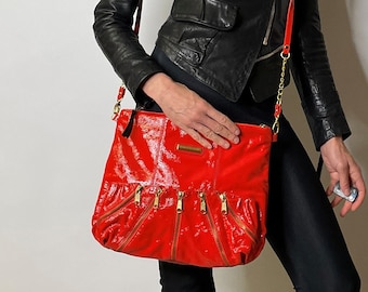 1990s Patent Orange Leather Mod Cross Body Messenger Bag Designer Italian Leather Bag 1960s Style Boho Hippie