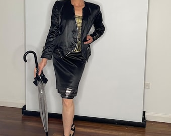 Completo gonna metallizzata nera Roger Sakoun francese Abiti firmati Francia Abiti da donna Anni '80 Anni '90 Anni '80 Anni '90 Abiti unici Abiti da sera