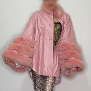 Pink Leather Fox Fur Swing Cape Coat One Size Metallic Baby Pink Genuine Leather and Fur Swing Coat Leather Cape
