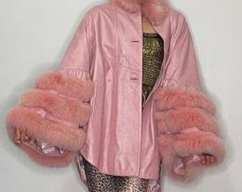 Pink Leather Fox Fur Swing Cape Coat One Size Metallic Baby Pink Genuine Leather and Fur Swing Coat Leather Cape