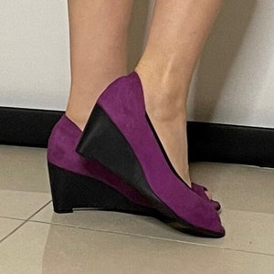 Arche Purple Suede Wedge Heels Open Toe Wedges Purple Open Toe Wedge Heels French Designer Vintage Shoes Y2K 90s 1990s