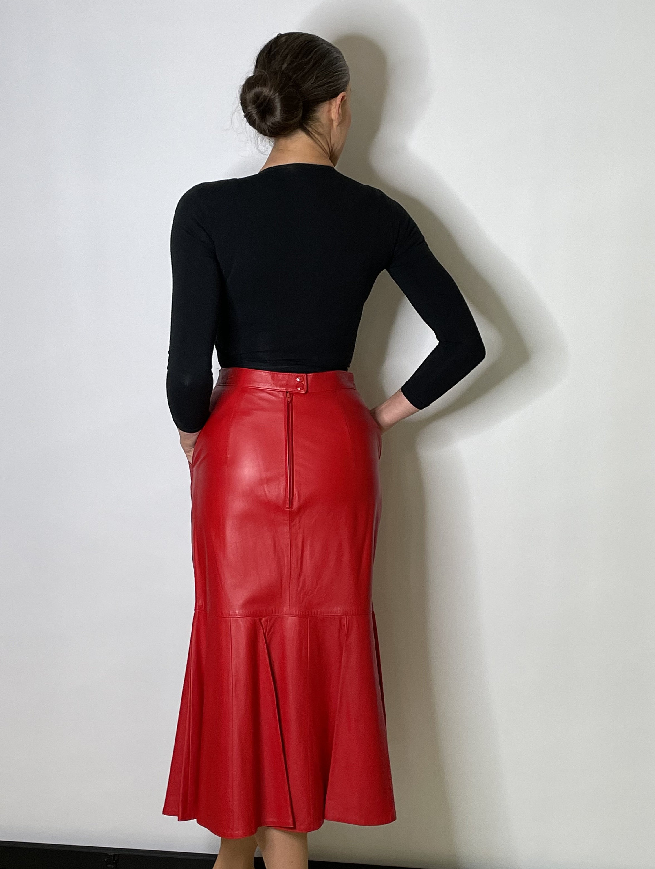 1980s Red Leather Mermaid Fishtail Skirt Trumpet Skirt 80s Leather