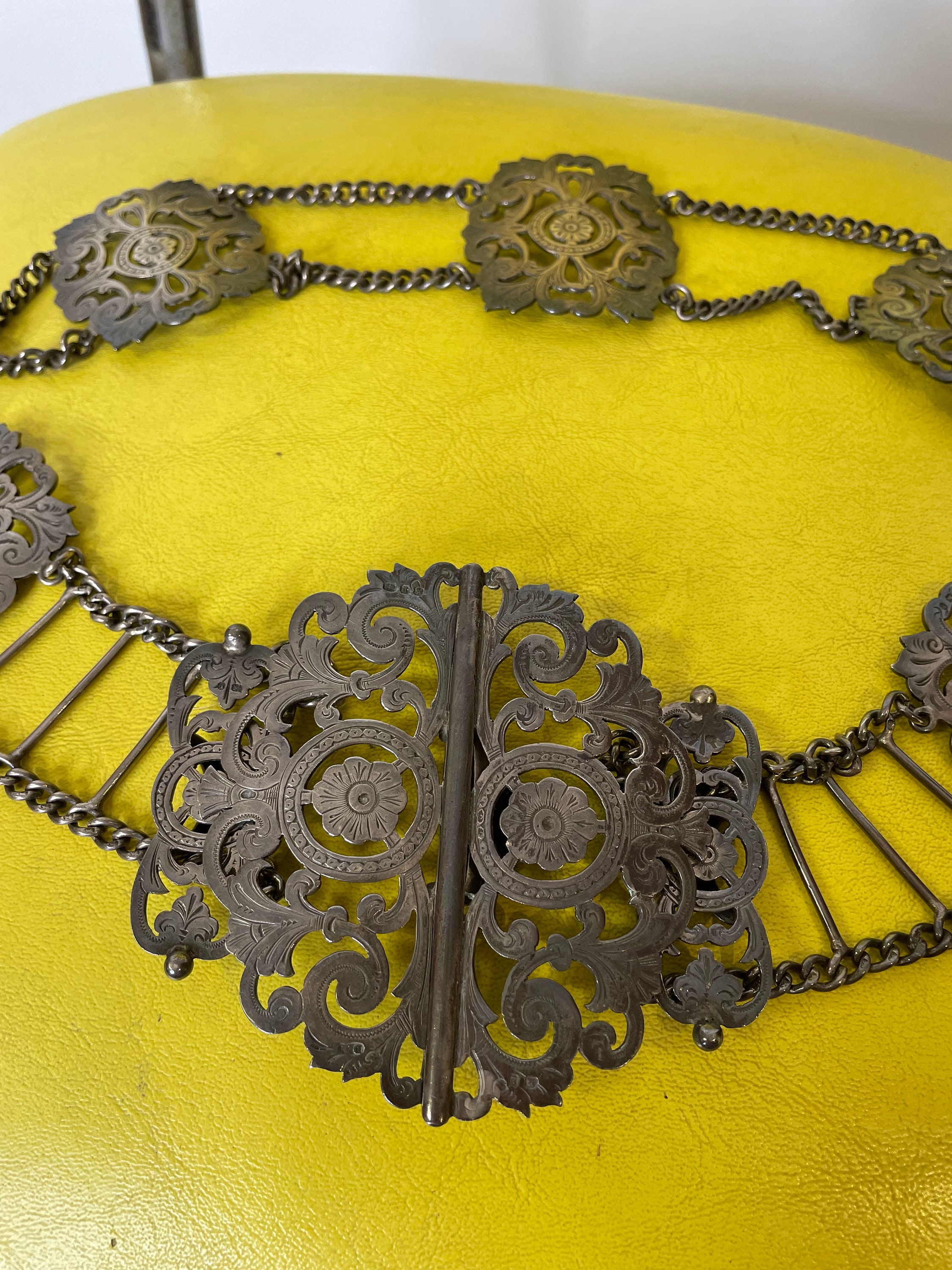 1890s Antique Victorian Engraved Metal Corset Chain Belt 