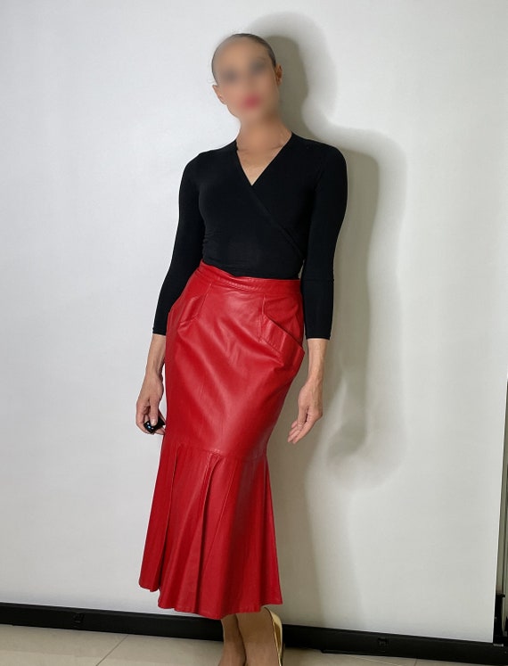 1980s Red Leather Mermaid Fishtail Skirt Trumpet S