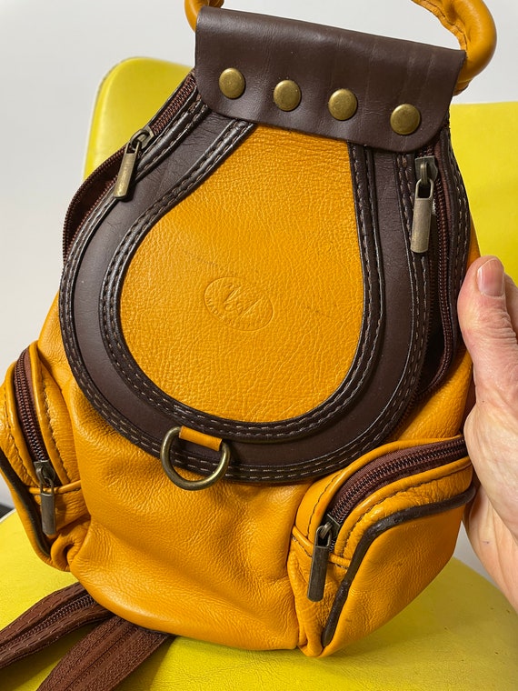 1980s Mustard Yellow Leather Small Backpack Shoulder … Gem