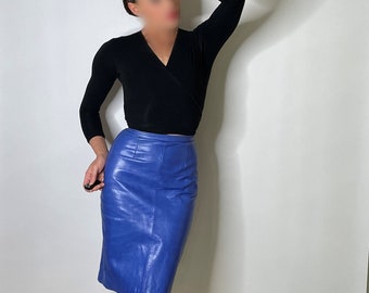1980s Blue Leather Pencil Skirt Vintage Skirts 1980s Fashion