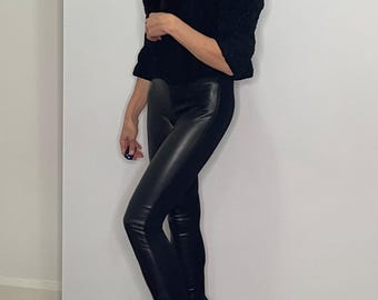 Leder Look Jeggings Stretch Leggings Jeans Leder wie Schwarz glänzende sexy Jeans Leggings