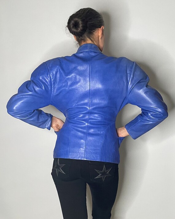 1980s Blue Leather Jacket Shoulder Pad Power Dressing… Gem