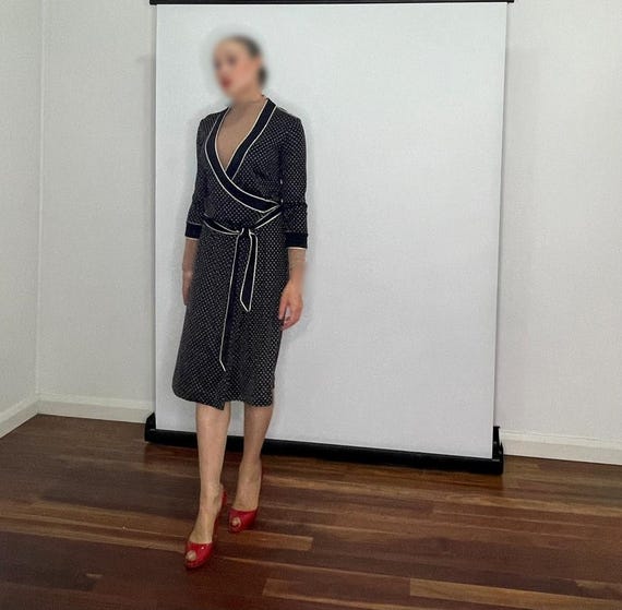 grey dress with red heels Jaeger 100% Silk Wrap Career Dress Silk Knit Designer Dress Kate Middleton Style Polka Dot Spotted Midi Dress English Designer Feather