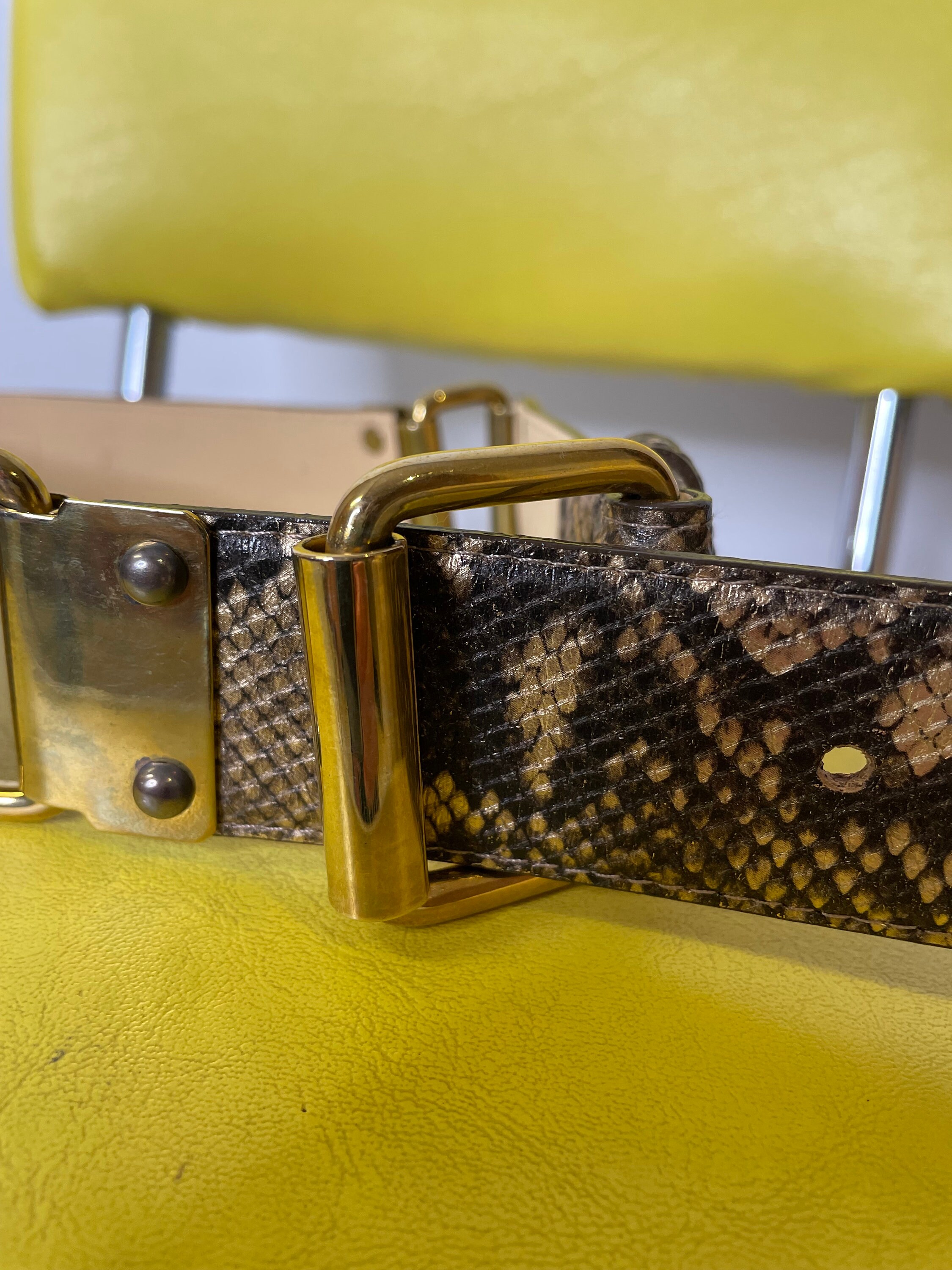 1980s Gold Metallic Snakeskin Print Leather and Metal Dress 