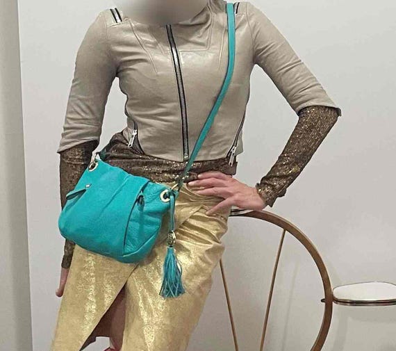 Turquoise Leather Cross Body Bag Small Genuine Turquoise Leather Bag