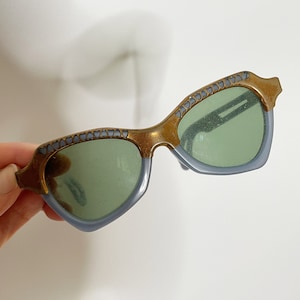 1940s 1950s Cats Eye Blue Glasses Eye Glass Frames Prescription Glass Frames or Sunglass Frames Blue Metal Love Hearts Blue Gold Glasses