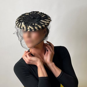 Black and White Straw 1950s Hat 50s Cocktail Formal Church Cocktail Hat Veil  Sun Hat Handmade Pin Up Rockabilly