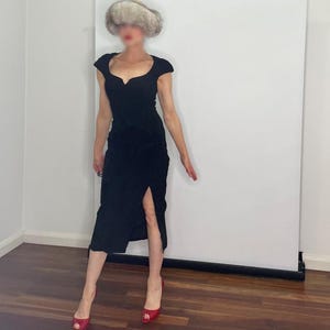 1980s Cap Sleeve Heart Neck Suede Dress 1980s Suede Leather Dress Split Front Sexy Black Dress Dinner Dress Italian Leather Dress