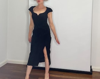1980s Cap Sleeve Heart Neck Suede Dress 1980s Suede Leather Dress Split Front Sexy Black Dress Dinner Dress Italian Leather Dress