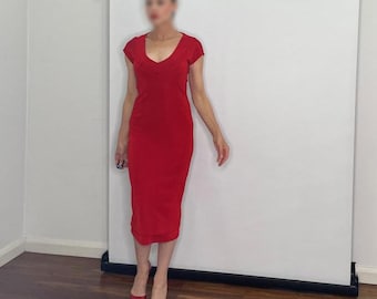 Sexy Stunning Red Midi Dress 1980s Dress Plunging Necklace Dress Plunge Dress Bodycon Dress Red Cocktail Formal Dinner Dress 1980s Fashion