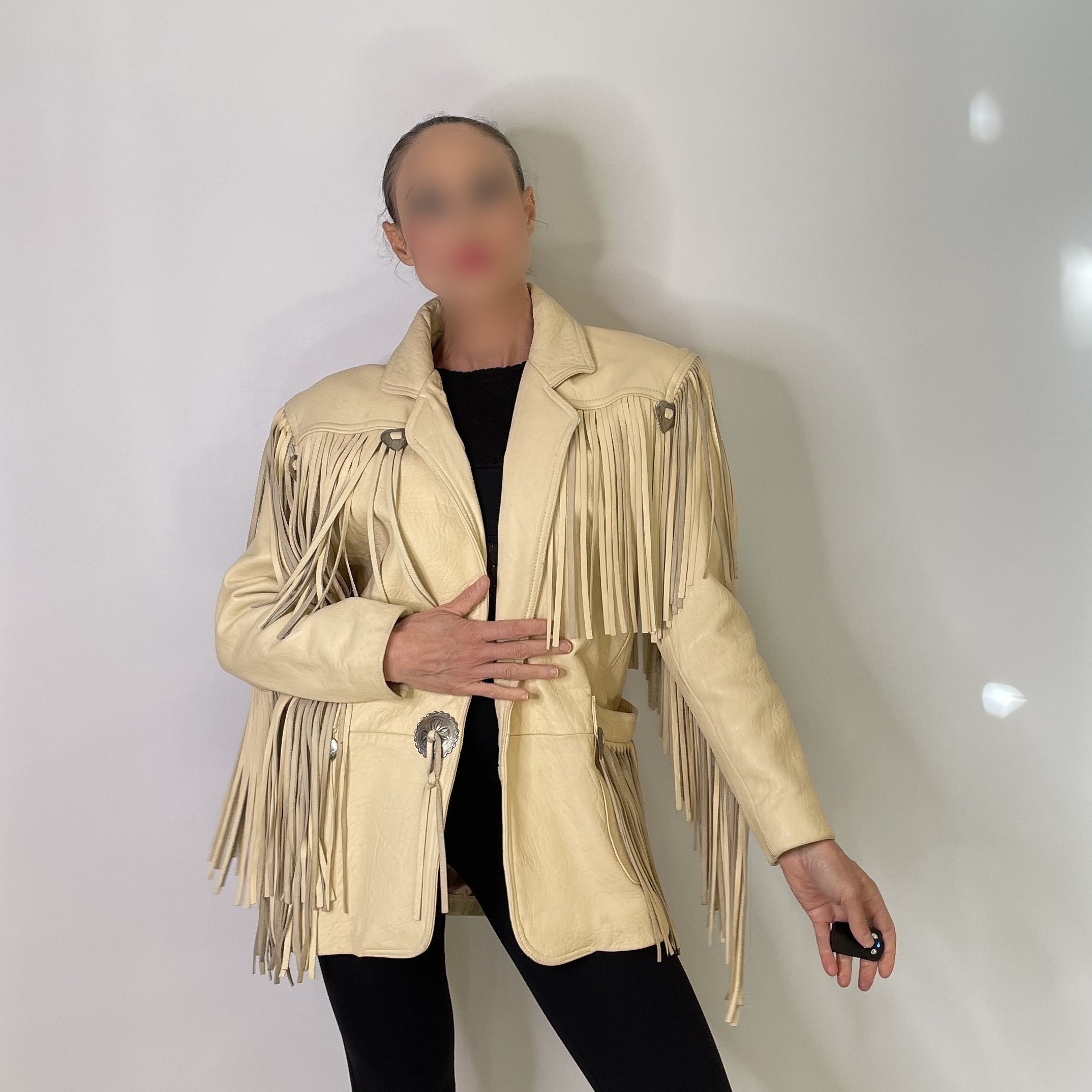 Real Vintage Search Engine 1980S Leather Fringed Western Jacket Womens Southwestern Cream Concho 1940S 1950S Style Unisex $1,887.00 AT vintagedancer.com