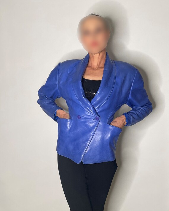 1980s Blue Leather Jacket Shoulder Pad Power Dressing… Gem