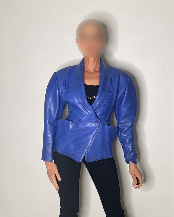 1980s Blue Leather Jacket Shoulder Pad Power Dressing… Gem