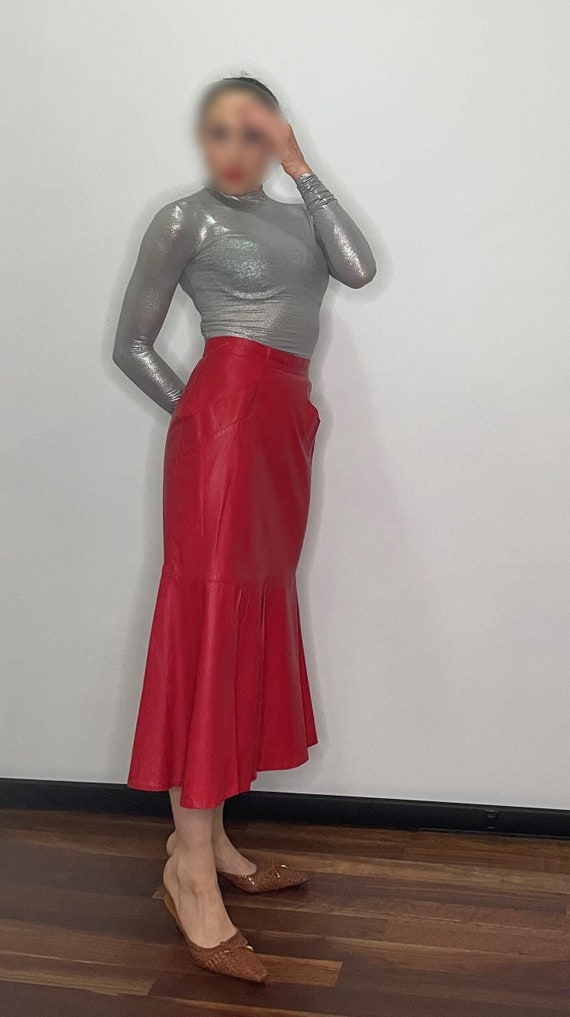 1980s Red Leather Mermaid Fishtail Skirt Trumpet Skirt 80s Leather Fashion Vintage Red Leather Midi Skirt