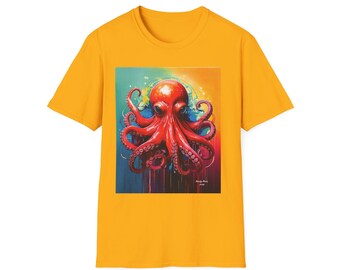 レッドオクトパスTシャツ、ユニセックスグラフィックTシャツ
