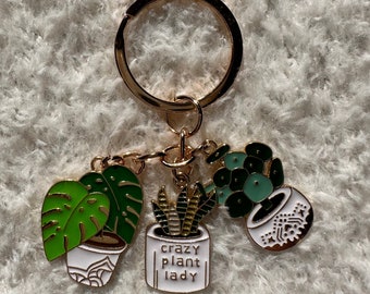 Crazy Plant Lady Keychain, Enamel, Gold, Monstera, Snake Plant, Plant Mom Gift, Plant Lady, Cute Keychain, Gifts for Her