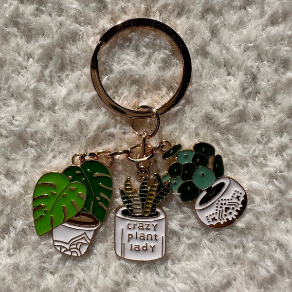 Crazy Plant Lady Keychain, Enamel, Gold, Monstera, Snake Plant, Plant Mom Gift, Plant Lady, Cute Keychain, Gifts for Her