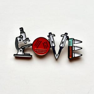 Love Microscope Pipette Test Tube Petri Dish Science enamel pin for nursing/medical students, biology student, Graduation gift for her