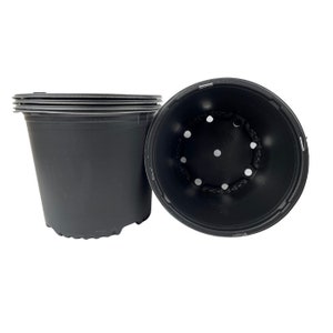 May include: A stack of four black plastic plant pots with drainage holes. The pots are 6 inches in diameter.