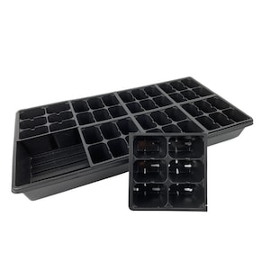 May include: Black plastic seed starting trays with multiple individual cells for planting. The image shows a large tray and a smaller tray with a similar design, both against a white background. The trays are designed for starting seeds indoors.
