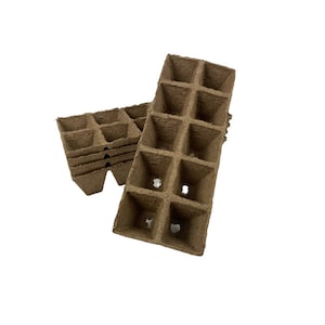 May include: A stack of brown biodegradable seed starting trays with multiple square cells for planting seeds.
