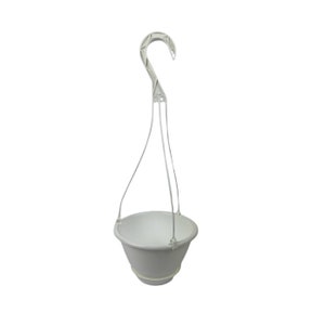 May include: White plastic hanging planter with a hook. The planter is designed to hang from a ceiling or other structure.