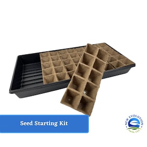 May include: A seed starting kit with a black plastic tray and several brown, square-celled seed starter inserts. The text "Seed Starting Kit" is displayed on a blue banner. The kit is designed for starting seeds indoors.