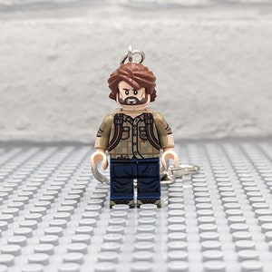 May include: A brown-haired Lego minifigure with a beard and a plaid shirt, wearing blue jeans and a backpack. The minifigure is holding a keychain.