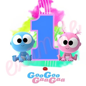 Puede incluir: Un personaje de dibujos animados azul y rosa con ojos grandes y una gran sonrisa. Los personajes están sentados a ambos lados de un gran número uno azul. El fondo es una acuarela colorida. El texto "GooGoo GaaGaa" está debajo de los personajes.