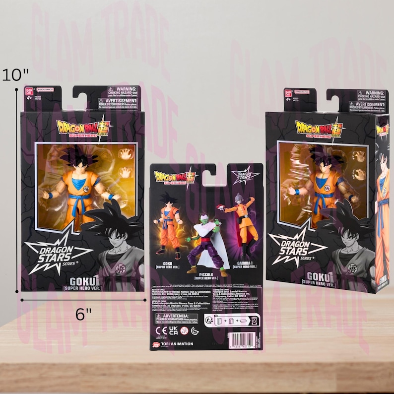 Może przedstawiać: Trzy opakowania figurek Dragon Ball Z. Opakowanie z przodu przedstawia Goku w pomarańczowo-niebieskim stroju. Opakowania mają około 25 cm wysokości i 15 cm szerokości. Opakowanie zawiera tekst "Dragon Stars Series".