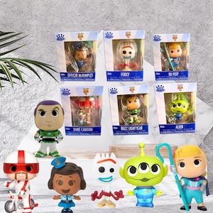 May include: A collection of Toy Story 4 Funko Pop! vinyl figures, including Officer McDimples, Forky, Bo Peep, Duke Caboom, Buzz Lightyear, and Alien. The figures are in their original boxes, with additional figures displayed in front.