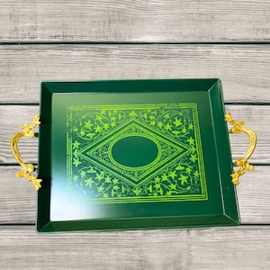 Green Small Metal Decorative Serving Tray with Handles for Holiday Decor