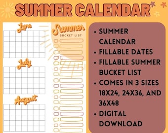 Summer Calendar//Printable Poster Size PDF